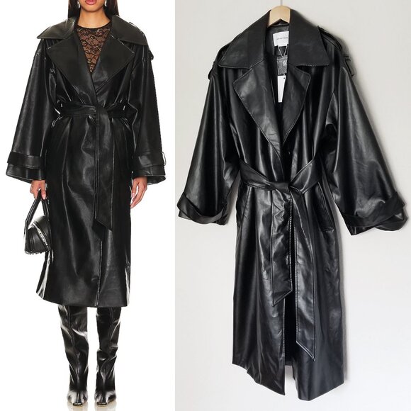 NEW Lovers and Friends Barrett Faux Leather Long Coat Black Belted Oversized S - Picture 3 of 16